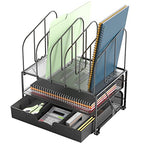 Deco Brothers Mesh Desk Organizer with Double Tray, 5 Upright Sections and Sliding Drawer, Black - color: Black