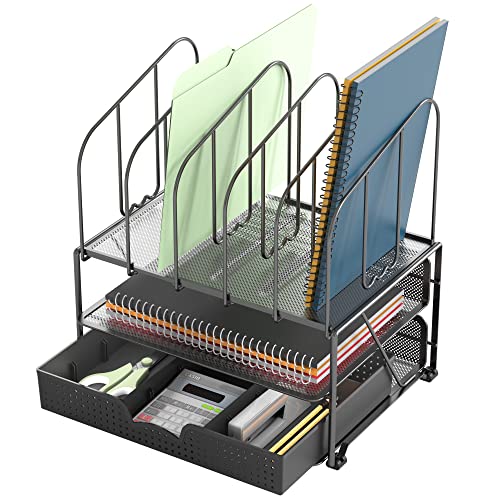 Deco Brothers Mesh Desk Organizer with Double Tray, 5 Upright Sections and Sliding Drawer, Black - color: Black