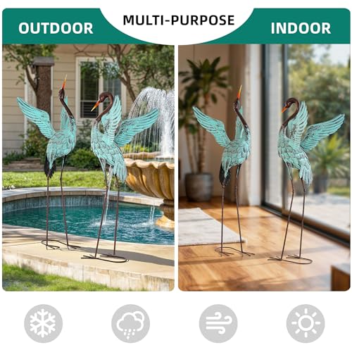 Extra-Large 47.5" Blue Heron Decor, Handcrafted Metal Crane Statue with Stable U-Ground Stakes, Backyard Decoration, Metal Garden Bird Animal Yard Art, Lawn Ornament Decor - color: 47.5" -Distressed Patina Green