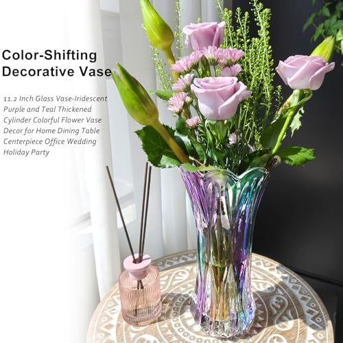 11.2 Inch Glass Vase-Iridescent Purple and Teal Thickened Cylinder Colorful Flower Vase Decor for Home Dining Table Centerpiece Office Wedding Holiday Party - color: Phoenix Tail Pattern-purple and Teal Iridescent, size: Tall