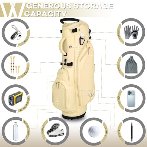 Luxury Womens Golf Bag, PU Leather Golf Stand Bag for Women/Ladies, 14-Way Full-Length Top Dividers, Ultra Lightweight, Large Pockets for Accessories - color: Sandstone