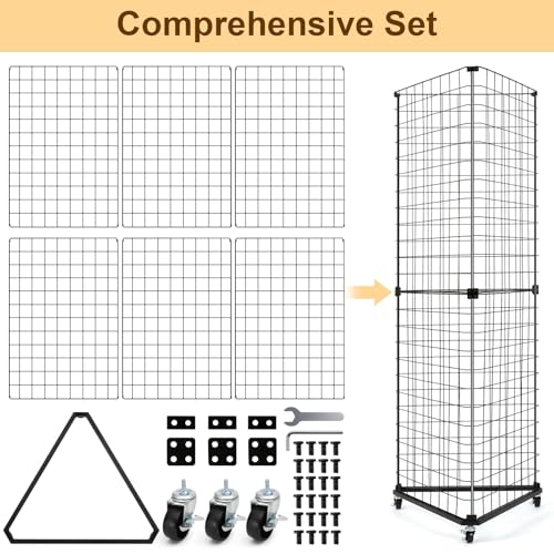 GADFISH Triangular Gridwall Panel Display Stand, Black Triangle Wire Grid Tower with Base and Casters, 24" x 68" Rolling Grid Wall, Panel Stand for Home Organization, Retail, Trade Show, Vendor