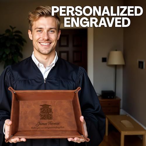 Personalized PU Leather Valet Tray Class of 2026 Graduation Gift with Engraved Name for Men, Boyfriend, Custom Graduation Tray Leather Dresser Organizer for Him & Her, Engraved Catchall Gift - style: Graduation