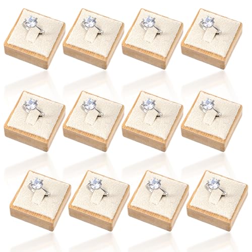 12 Pcs Bamboo Rings Display Stand with Beige Velvet, Jewelry Ring Holder Organizer for Retail Store Window Showcase and Drawer Storage