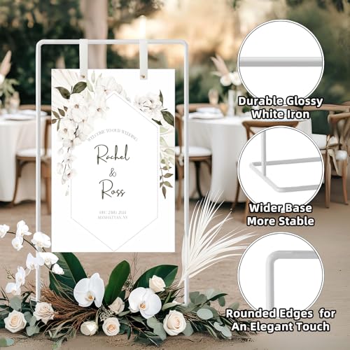 Wedding Sign Holder, Adjustable Welcome to Our Wedding Sign Stand W/Design Bundle & Leather Sign Hanging Straps, Heavy Duty Easel Stand for Sign, Wedding Seating Chart Stand, Easel for Display (White) - color: White
