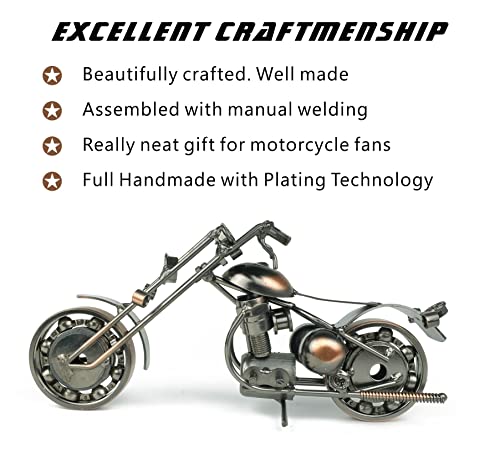 TRANSGOOD Handmade Motorcycle Model with Rolling Wheels, 9" Vintage Steampunk Bike Sculpture, Heavy-Duty Iron Desk Decor, Unique Biker Gift for Dad Husband, Industrial Man Cave Office Home Art