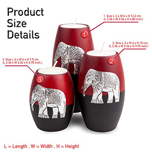 IYARA CRAFT 3 Wooden Candle Holders– Decorative Candle Holders with Inlaid Aluminium Antique Elephant – Intricate Details – Matte Wood Finish – Ideal for Modern & Rustic Settings (Rugby Shape)