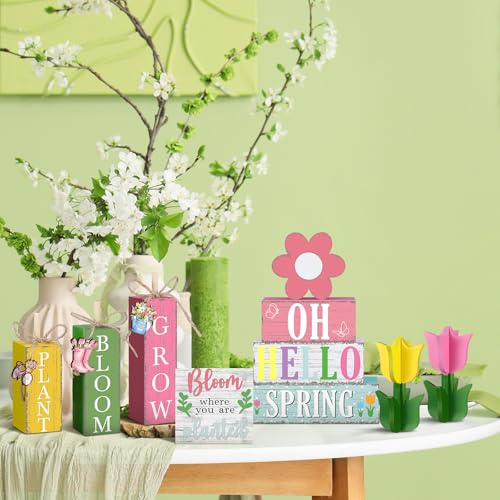 Vercraft 11 Pcs Spring Table Decorations Tulips Tiered Tray Decor Butterflies Home Centerpiece Decorative Wood Books Table Top Decor Flower Wooden Sign for Party Supplies - style: Spring
