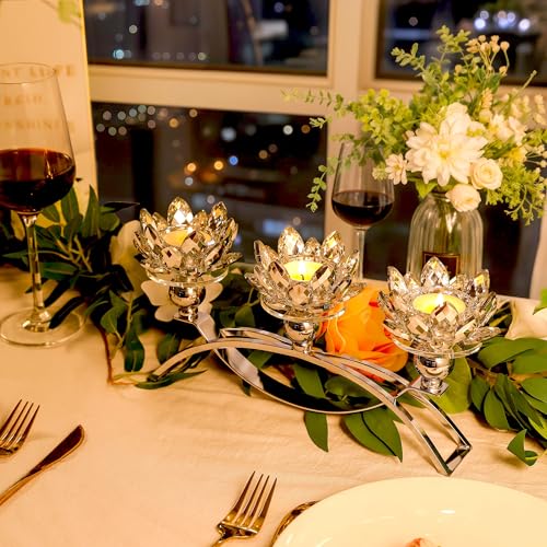 Crystal Candle Holders Lotus Candelabras, Silver Arch Candlestick, Centerpiece Table, Home Hecor for Wedding, Dinning Room, Coffee Table, Kitchen, Living Room (26.7cmL, Tealight Candle) - color: Silver, size: 3-Arm