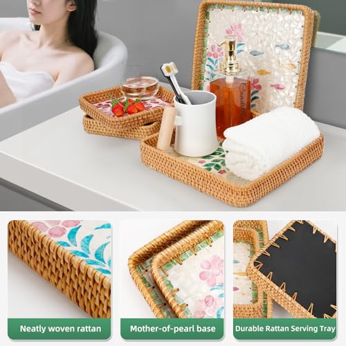 1 pcs Rectangle Rattan Serving Tray with Mother of Pearl Inlay, Decorative Wicker Tray for Coffee, Bread, Fruits, Elegant Table Decor for Living Room & Dining Room - color: Pink-green & Pink Floral