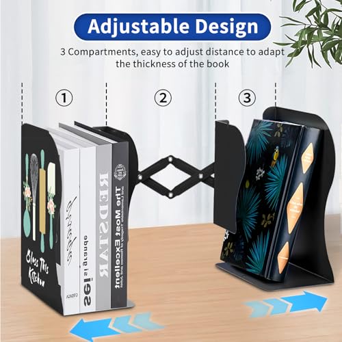 Cookbook bookends, Kitchen bookends, Adjustable Metal Book Ends for Shelves Decorative Unique Design for Heavy Books,Non-Skid Book Holder for Kitchen Housewarming Cooking Lover Gifts (Black 2) - color: Black 2