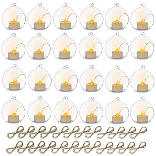 24 Pcs 3.15"/ 8cm Hanging Glass Tealight Holder Globe with LED Tealight, Plant Terrariums Glass Orbs Air Plants Tea Light Candle Holders Home Decor Indoor Outdoor Garden DIY Gifts (24 Pcs) - size: 3.15 inches