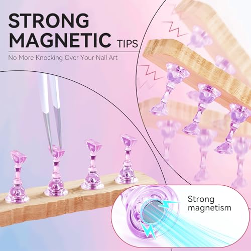 Nail Stand for Press On Art Display Practice 2 Sets, 1 Heart Acrylic Magnetic Nail Stands, Fake Nail Holder Tips, 200 PCS Double-Sided Tape, DIY Kit Home Supplies (Wood And Purple, Medium) - color: Wood And Purple, size: Medium