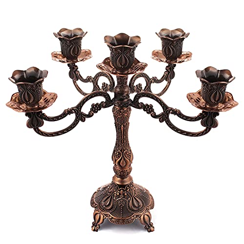 5-Candle Metal Candelabra 10.3 Inch Tall Candlestick Candle Holders for Home Decor Wedding Christmas Church Halloween Party, Red Bronze Tulip - color: Red Bronze-tulip