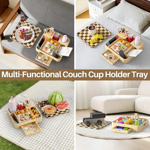 Couch Cup Holder, Checkered Couch Tray Cup Holder Sofa Tray, Large Capacity 2-Tier Wooden Trays with Drawer for Sofa, Bed, Picnic, Drinks, Remote, Cell Phone,TV Trays (Solid Pine Wood)12.5*12.5 in - color: Pine Wood + Checkered