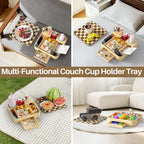 Couch Cup Holder, Checkered Couch Tray Cup Holder Sofa Tray, Large Capacity 2-Tier Wooden Trays with Drawer for Sofa, Bed, Picnic, Drinks, Remote, Cell Phone,TV Trays (Solid Pine Wood)12.5*12.5 in - color: Pine Wood + Checkered