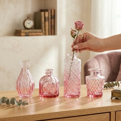 12 Pack Pink Glass Bud Vase Set, Small Vintage Vases for Centerpieces, Decorative Flower Vases for Wedding Home Table Decor - color: Pink, size: 12pcs