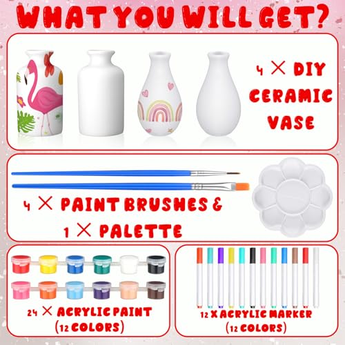 Singhoow 4 Set Mother's Day Paint Your Own Porcelain Paint Vase Art Project White Ceramic Painting Kit for Adults Porcelain Vase Decorating Kit Holiday Supplies DIY(Charming) - color: white