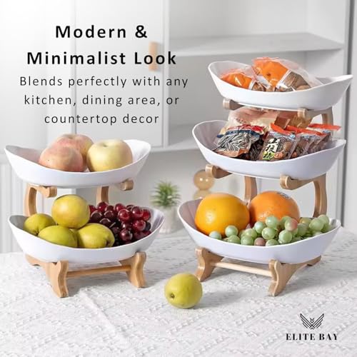3-Tier Ceramic Fruit Bowl With Stand – Bamboo Countertop Large White Trays | Space-Saving Tiered Fruit Holder for Kitchen & Home Décor | Compact 15×35cm Design with Modern Aesthetic
