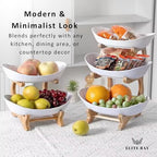 3-Tier Ceramic Fruit Bowl With Stand – Bamboo Countertop Large White Trays | Space-Saving Tiered Fruit Holder for Kitchen & Home Décor | Compact 15×35cm Design with Modern Aesthetic