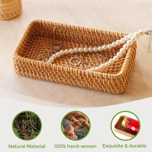 Small Rattan Serving Tray, Natural Wicker Decorative Tray Handwoven for Keys Trinkets Rings Cosmetics, Decorative Jewelry Perfume Tray for Coffee Table Entryway Living Room(8.2" × 4.3") - style: XS (8.2" × 4.3")