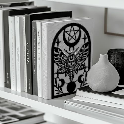 Peacoblue Metal Bookends for Shelves, Modern Decorative Heavy Duty Study Book Ends Stoppers for Office, Desk, Shelf, Room 5.3"x4.3"x7.9" Cast Iron Simple Tall Bookends 1 Pair (Death Moth) - style: Death Moth