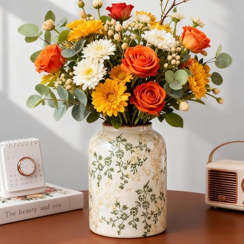 Green Chinoiserie Floral Vase, Ceramic Farmhouse Flower Vase, Creative Ice Cracked Vintage Vases for Home Decors, Cottage, Dining Coffee Table Centerpiece, Bookshelf, Tuscan Decor,8.3 Inch - color: Green and Beige02