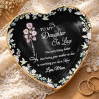Personalized Jewelry Dish for Daughter in Law, Ceramic Trinket-Dish Heart Shape Ring Holder, Mother in Law Gift, Sentimental Keepsake Tray, Birth Floral Jewelry Organizer - color: Daughter In Law 127