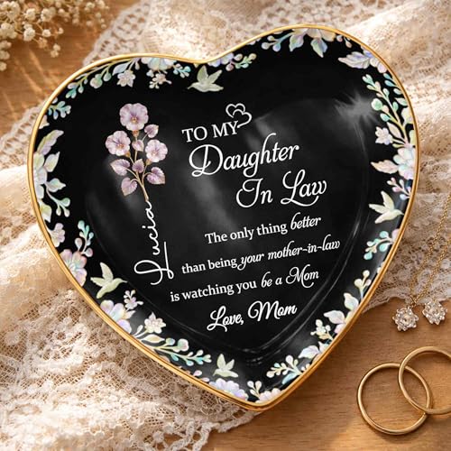 Personalized Jewelry Dish for Daughter in Law, Ceramic Trinket-Dish Heart Shape Ring Holder, Mother in Law Gift, Sentimental Keepsake Tray, Birth Floral Jewelry Organizer - color: Daughter In Law 127