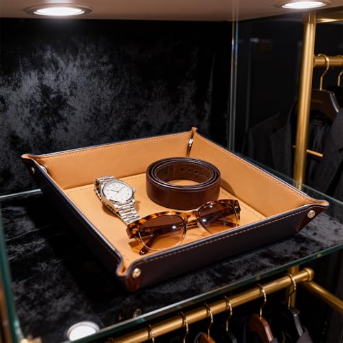 siduater Valet Tray Desktop Storage Organizer, Vegan Leather Catchall Tray Bedside Vanity Tray Nightstand Caddy Holder for Remote Controller, Watch, Keys, Phone, Wallet, Sunglasses, Jewelry, Khaki - color: Khaki