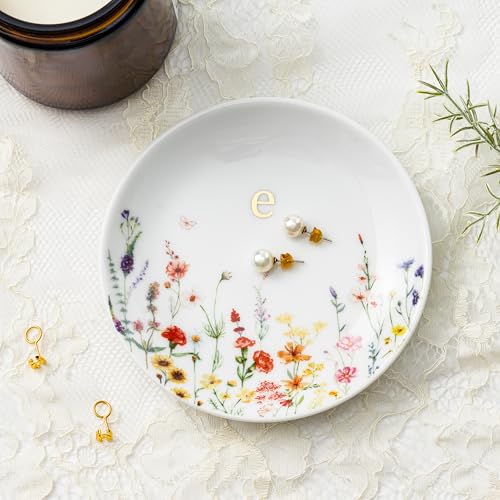 Crisky Initial Jewelry Tray Ring Dish & Gift Box, Ceramic Flower Trinket Dish for Rings Earrings Necklaces Keys, Bridal Shower Engagement Birthday Gift for Women, Friends 4.57" (Gold Foil E - style: Initial E