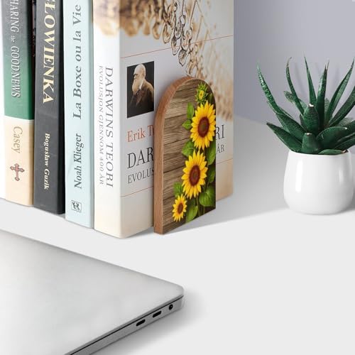 Wooden Board Sunflower Book Ends Decorative Wood Bookends for Shelves Kids Room Desk Home Office Book Stoppers for Magazines,Books, DVDs, 1 Pair/2 Pieces(5x3.1 in) - color: Three Sunflowers