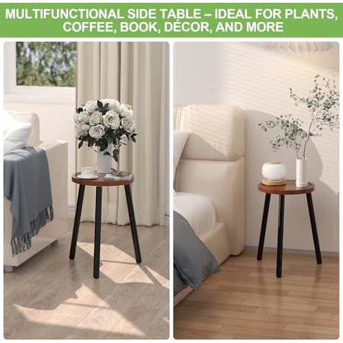 Wood Plant Stands Indoor, 16.7" Tall Plant Stand Outdoor Mid-Century Plant Stool, Single Plant Table Modern Small Round Side/End Table for Living Room, Balcony, Office (Brown) - color: Brown Tray with Black Legs-1Pack