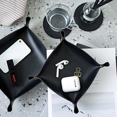 Valet Tray, Leather Tray, Small Catchall Tray, Foldable Jewelry Travel Organizer, Suitable for Travel, Storage, Nightstand, Home or Office (Black-S) - color: Black