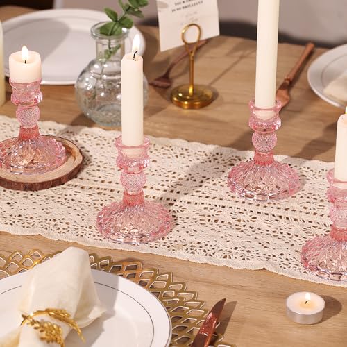 12Pcs Pink Candlestick Holders Set- 4" H Taper Candle Holders Bulk, Glass Candle Holders for Wedding, Party, Romantic Dinner Table Centerpieces, Festival Gifts & Windowsill Decor - color: Pink Dimond Pattern