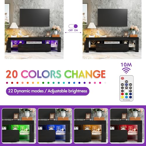 JUMMICO TV Stand, Modern Lighting TV Cabinet Entertainment Center Media and Open Shelf, TV Console Table with 1 Drawer and Remote Control, 20 Color LED Lights up to 70 Inch TV (Black) - color: Black, size: 60 Inches