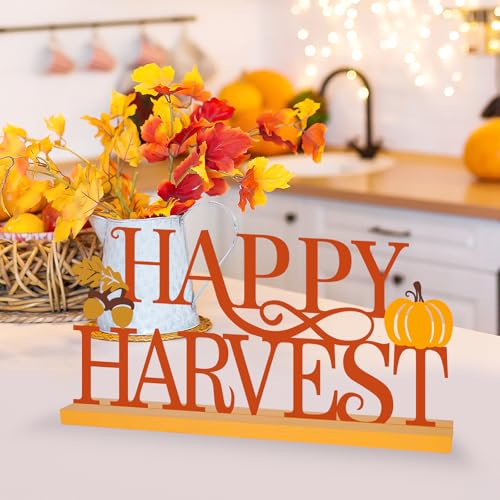 COCHIE Metal Happy Harvest Sign, Orange Fall Decorations for Home, Office, Shelf, Mantel, Indoor, Autumn Pumpkin Decoration, Hello Fall Leave Decor (Harvest) - style: Harvest