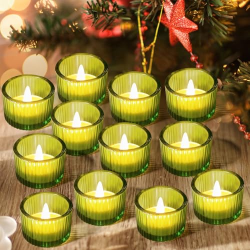 JOYIT Green Votive Candle Holders Bulk Set of 12, Tealight Candle Holder for Wedding Table Centerpiece, Glass Small Candle Holders for Birthday Party, Valentine's Day, Home Decor (2''X 1.4'') - color: Green