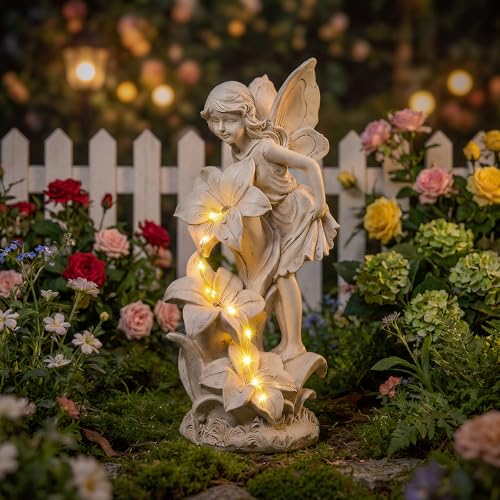Angel Garden Statue Outdoor, Solar Powered Resin Garden Sculptures Fairy Angel Statues Waterproof LED Lights Yard Art Decorations for Outside Patio Lawn Ornament Gardening Gifts - style: Flower