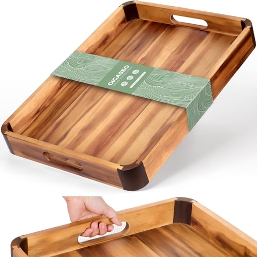 17 x 13 Inch Acacia Wood Serving Tray with Handles, Decorative Wooden Tray Featuring Dark Walnut-Tone Curved Corner Accents for Coffee Table, Ottoman & Kitchen Counter... - color: Tray 17"x13"x2.5"