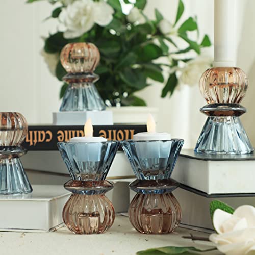 Set of 6 Glass Candle Holders Taper Candlestick Holders 2 in 1 Tealight Holders for Wedding Date Home Decoration 8cm Hight - color: Glass-clear, size: 6 Pack