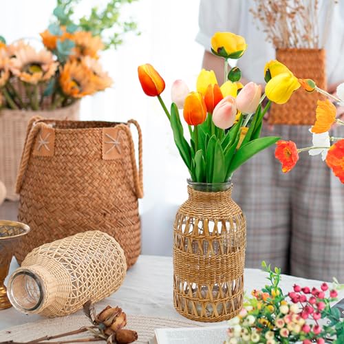 Straw Woven Glass Vase 6.29''x1.77''x3.15''Boho Glass Flower Vase Country Rustic Style Vase Glass Vase for Floral Arrangements Housewarming Party Home Decor (C Style 6.29IN) - size: 6.29IN