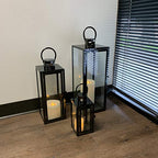 Allgala 3-PC Lantern Set 23 Inch Jumbo Deluxe Modern Indoor/Outdoor Candle Lantern Set Stainless Steel Frame Tempered Glass Rectangular Black for Garden Poolside Fireplace Wedding - color: Cuboid Black