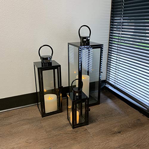 Allgala 3-PC Lantern Set 23 Inch Jumbo Deluxe Modern Indoor/Outdoor Candle Lantern Set Stainless Steel Frame Tempered Glass Rectangular Black for Garden Poolside Fireplace Wedding - color: Cuboid Black