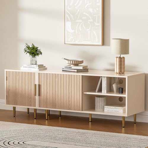 Housoul Combined Modern TV Stand for 55/60/65 inch TV, Small Entertainment Center with Adjustable Shelf, TV Media Stand with Storage Cabinet, TV Console with Gold Legs for Living Room, Bedroom, Oak - color: Oak, size: 55" L