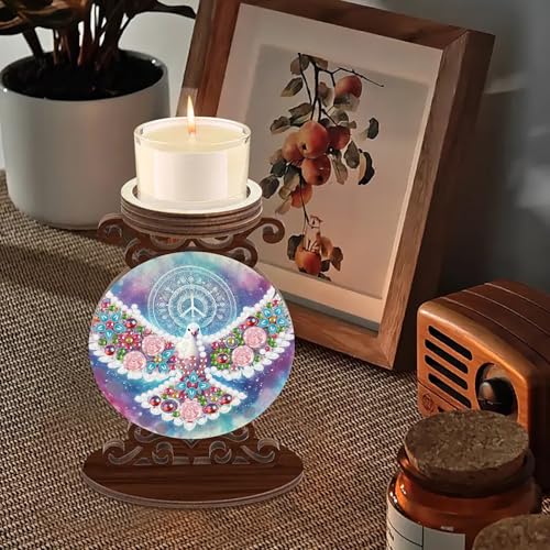ARTopet DIY Diamond Art Painting Candlestick Holders Wooden Desk Candle Holder Ornament Double Sided Diamond Tabletop Ornaments for Home Decor-Dove of Peace - color: Dove of Peace