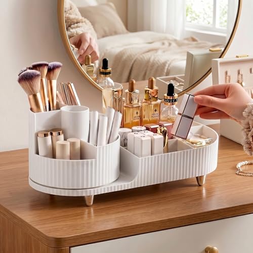 Booklov Rotating Makeup Caddy Organizer for Vanity, Large Capacity Cosmetic Display Case,Countertop Beauty Storage Holder for Skincare, Brush Eyeshadow Lipstick, Counter Desk Organization, White - color: White, size: L01