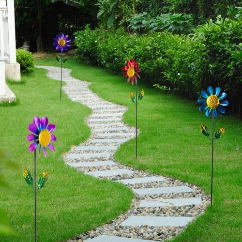 4 Pack Wind Spinner Outdoor,Waterproof Metal Flowers Windmill,Pinwheels for Yard and Garden, Flower Wind Sculpture & Spinner for Patio Lawn Decor - size: Sunflowers-4Pack