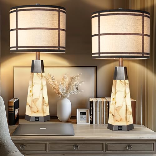 KIVDITZO 27" Alabaster Table Lamps for Living Room, Bedroom Lamps Set of 2 with Night Light, Living Room Lamps with USB A+C Ports, Table Lamp with Linen Shade for Bedside (Bulbs Included) - color: Bronze
