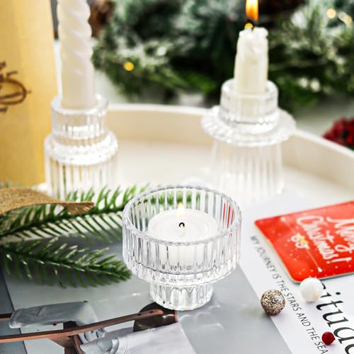 Ribbed Glass Candlestick Holders 6PCS Clear Candle Stick Holders for Tealight Taper Candles Dining Table Centerpieces Holiday Decoration - color: Clear